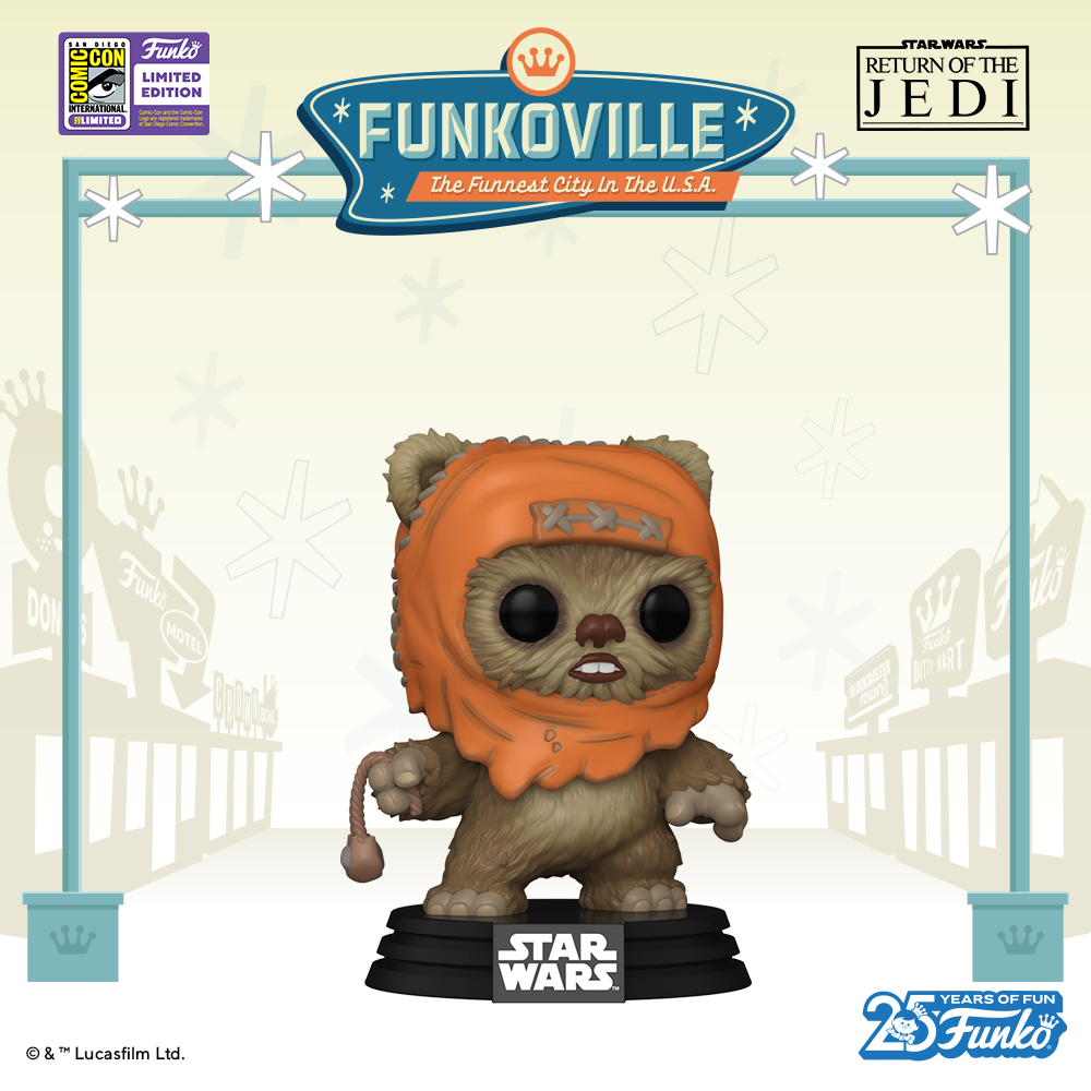 2023 SDCC-exclusive Pop! Wicket, a staple of the Star Wars franchise, is holding a sling ready to battle.
